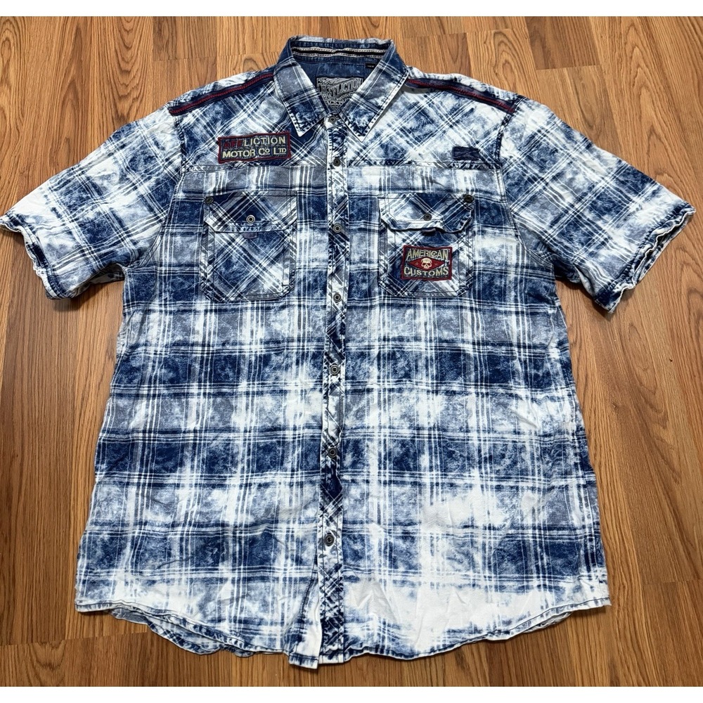Affliction Shirt Mens 3XL American Customs Acid Wash Plaid Embroidered